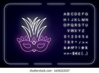 Masquerade mask neon light icon. Traditional headwear with palm leaves. National holiday parade. Outer glowing effect. Sign with alphabet, numbers and symbols. Vector isolated RGB color illustration