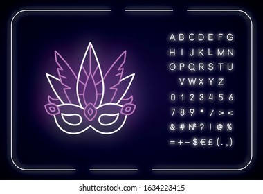 Masquerade mask neon light icon. Traditional headwear with plumage. Ethnic festival parade. Outer glowing effect. Sign with alphabet, numbers and symbols. Vector isolated RGB color illustration