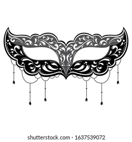 Masquerade mask with pearl pendants. Isolated silhouette on a white background.