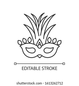 Masquerade mask pixel perfect linear icon. Traditional headwear with palm leaves. Thin line customizable illustration. Contour symbol. Vector isolated outline drawing. Editable stroke
