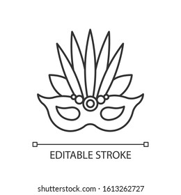 Masquerade mask pixel perfect linear icon. Traditional headwear with leaves. Thin line customizable illustration. Contour symbol. Vector isolated outline drawing. Editable stroke