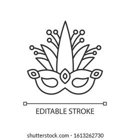 Masquerade mask pixel perfect linear icon. Traditional headwear with plant leaves. Ethnic festival. Thin line customizable illustration. Contour symbol. Vector isolated drawing. Editable stroke