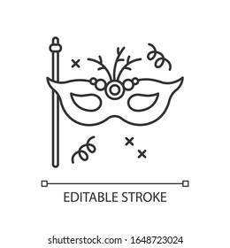 Masquerade mask pixel perfect linear icon. Thin line customizable illustration. Theme party, luxurious ball, fashionable event contour symbol. Vector isolated outline drawing. Editable stroke