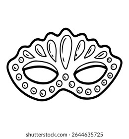 Masquerade mask with rhinestones. Hand drawn doodle vector. Secret face. Carnival costume accessory with eye slits. Festival decoration party. Fashion, vintage style. Illustration line art element.