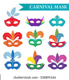 Masquerade Maske Set, flacher Stil. Karnevalskollektion einzeln auf weißem Hintergrund. Party Maske. Vektorgrafik, Clipart