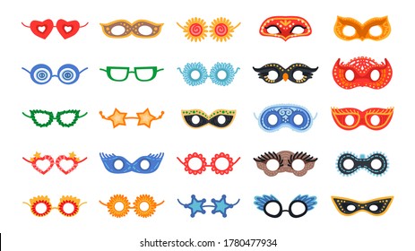 Masquerade mask set. Vector illustration. Cartoon party decor elements isolated on white. Face masking for halloween or Xmas party.