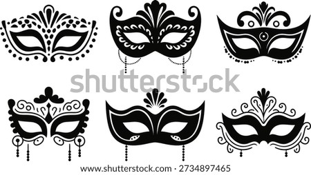 Masquerade Mask Silhouette Vector Collection. Set of decorative black Venetian carnival face masks for Mardi Gras party and costume design