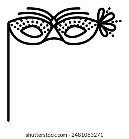 Masquerade mask with a stick, feathers, dots and flower, vector black line illustration, editable stroke