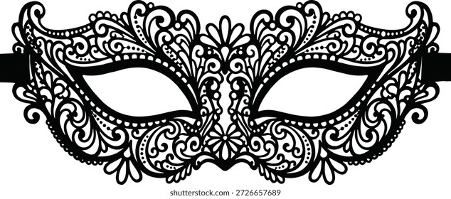 Masquerade Mask Vector Illustration, Elegant Black Laser Cut Filigree Lace Design For Carnival Party, Venetian Costume Accessory Silhouette Isolated,