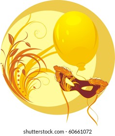 Masquerade mask and yellow balloon. Sticker. Vector