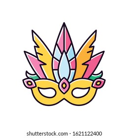 Masquerade mask yellow RGB color icon. Traditional headwear with plumage. Ethnic festival parade. National holiday. Isolated vector illustration