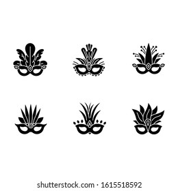 Masquerade masks black glyph icons set on white space. Traditional headwear with plumage. Ethnic festival. Brazilian national holiday. Silhouette symbols. Vector isolated illustration