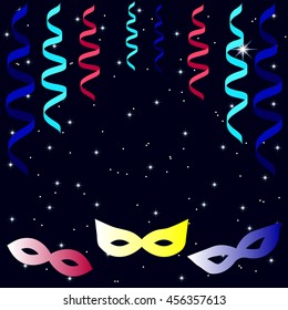 Masquerade masks with colorful paper streamers and shining stars. Design for invitation, card, poster, flyer. Place for your text.