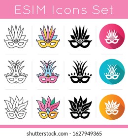 Masquerade masks icons set. Traditional headwear with plumage. Linear, black and RGB color styles. National holiday. Ethnic festival. Isolated vector illustrations