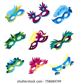 Masquerade masks set, colorful carnival masks with feathers vector Illustrations