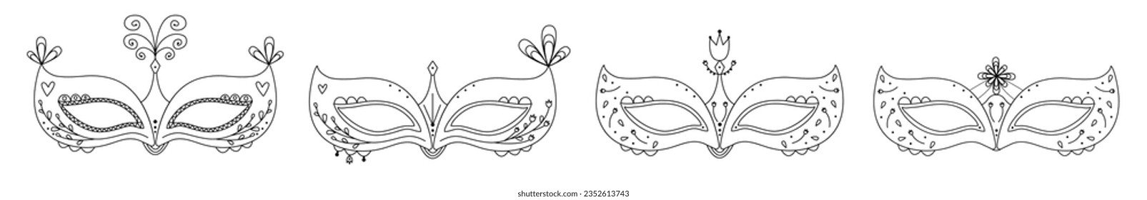 Masquerade masks set, four black line illustrations