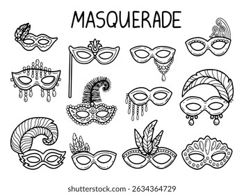Masquerade masks set. Hand drawn doodle vector. Carnival accessory. Vintage holiday costume. Secret face. Festival decoration. Holiday fashion. Illustration line art group of elements.