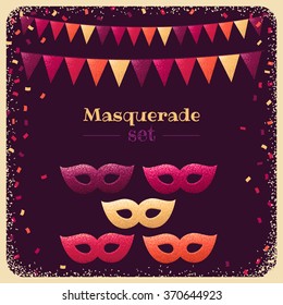 Masquerade masks, triangular flags and confetti set. Retro vector illustration. Elements for invitation, card, poster, banner, flyer
