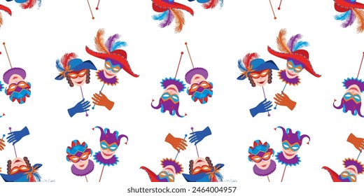 Masquerade masks venetian male faemale smiling, feathers hats, colorful, vintage, seamless pattern,vector illustration, backgound, paper,wallpaper