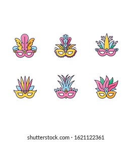 Masquerade masks yellow RGB color icons set. Traditional headwear with plumage. Ethnic festival. Brazilian national holiday. Isolated vector illustrations