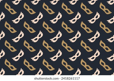 Masquerade Masque Seamless Pattern. Festive Gold and Black Mardi Gras or Brazilian Carnival Background. Theatre and Circus Mask Repeating Wallpaper Backdrop.