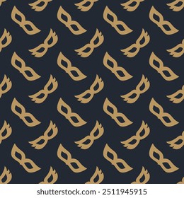 Masquerade Masque Seamless Pattern. Festive Gold New Year Carnival Background. Theatre and Circus Mask Repeating Wallpaper Backdrop.