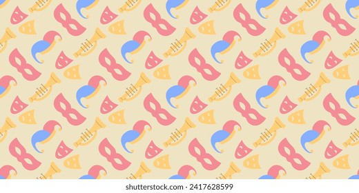 Masquerade Masque and Trumpet Seamless Pattern Background. Festive Retro Mardi Gras or Brazilian Carnival Backdrop. Theatre and Circus Mask Repeating Wallpaper.