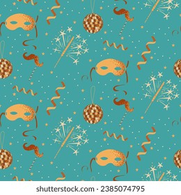 Masquerade minimalistic seamless pattern with related elements. Vector flat hand drawn items with dotted texture on light green background. Good for background, wrapping paper, textile