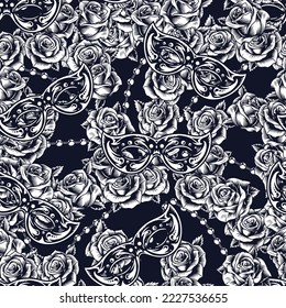 Masquerade monochrome vintage seamless pattern carnival masks with flower buds and beads for festival or retro party decorations vector illustration