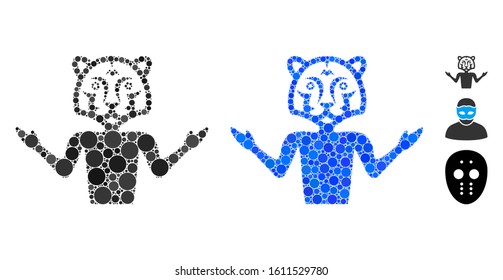 Masquerade mosaic of spheric dots in variable sizes and shades, based on masquerade icon. Vector round dots are composed into blue illustration. Dotted masquerade icon in usual and blue versions.