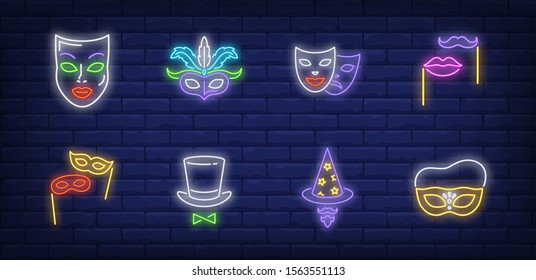 Masquerade neon sign set. Mask, moustache, lips on sticks. Vector illustration in neon style, bright banner for topics like New Year party, holiday, festive carnival