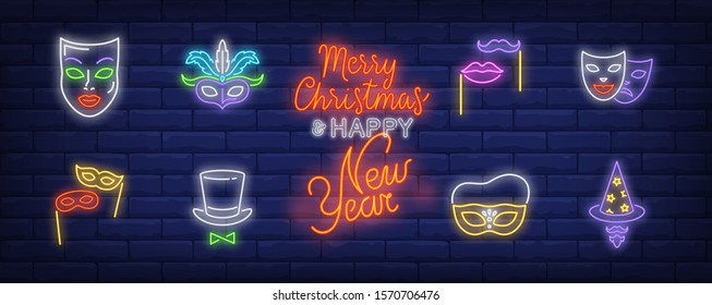 Masquerade neon sign set. Mask, moustache, lips on sticks. Vector illustration in neon style, bright banner for topics like New Year party, holiday, festive carnival
