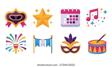 Masquerade night poster elements, star award, calendar, music note, fireworks rockets, ribbon banner, party mask, festival celebration vector set