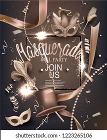 Masquerade party background with deco objects. Vector illustration