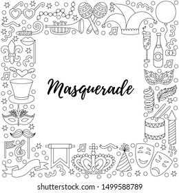 Masquerade party carnival vector line icons set designed as square decorative frame for text