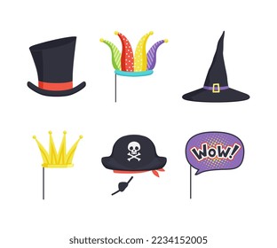 Masquerade Party Costume Accessory with Crown, Hat and Wow on Pole Vector Set