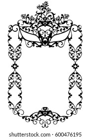 masquerade party decor with carnival mask among rose flowers  - black and white vector frame design .