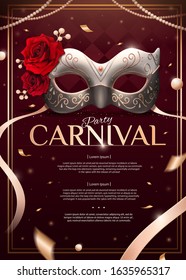 Masquerade party design with silver mask and roses in 3d illustration on burgundy red background