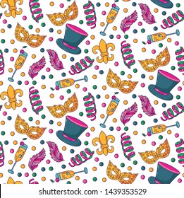 Masquerade party doodle cartoon colorful icons seamless vector pattern