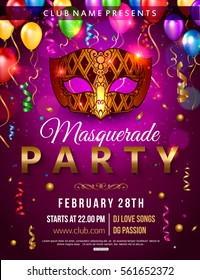 Masquerade Party Flyer Design With Carnival Mask, Balloon, Confetti. Vector Illustration