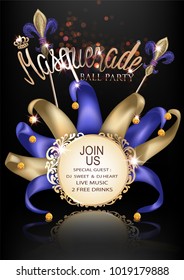 Masquerade party invitation banner with masquerade  deco object. Vector illustration