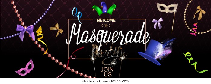 Masquerade party invitation banner with masquerade specific deco object. Vector illustration