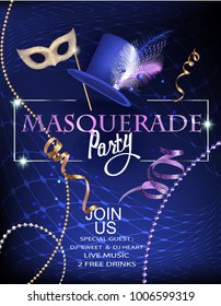 Masquerade party invitation card with beads, decorated hat and mask. Vector illustration