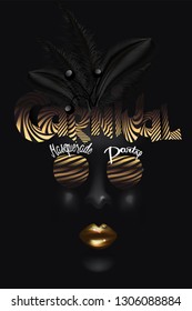 Masquerade PARTY invitation card with black mask and striped letters. Vector illustration