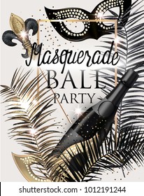 MASQUERADE PARTY INVITATION CARD WITH CARNIVAL DECO OBJECTS . GOLD, WHITE AND BLACK. VECTOR ILLUSTRATION