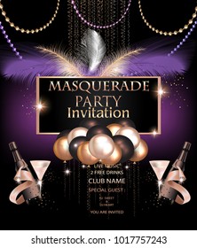 MASQUERADE PARTY INVITATION CARD WITH CARNIVAL PARTY DECO OBJECTS. VECTOR ILLUSTRATION