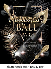 MASQUERADE PARTY INVITATION CARD MIT CARNIVAL DECO OBJEKTEN. GOLD UND SCHWARZ. VEKTORGRAFIK