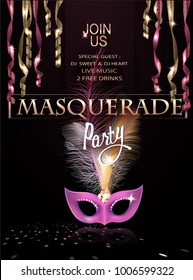 Masquerade Party Invitation Card With Hanging Serpentine And Mask With Feathers. Vector Illustration