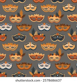 Masquerade Party Masks on Gray Vector Seamless Pattern Design