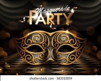 Masquerade party poster, attractive eye mask with golden frame isolated on dark bokeh background in 3d illustration